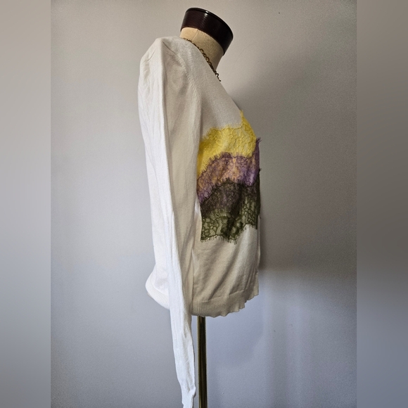 Pierre Cardin White Cardigan Sweater With Pastel Lace. Size Small - Picture 5 of 10